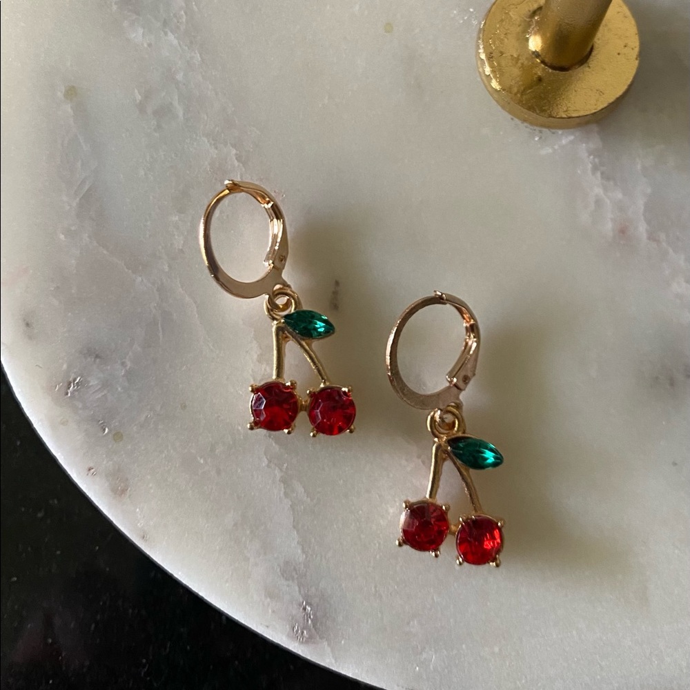 MAKE ME AND OFFER NWT Red Stone Gold Cherry Charm Huggie Earrings